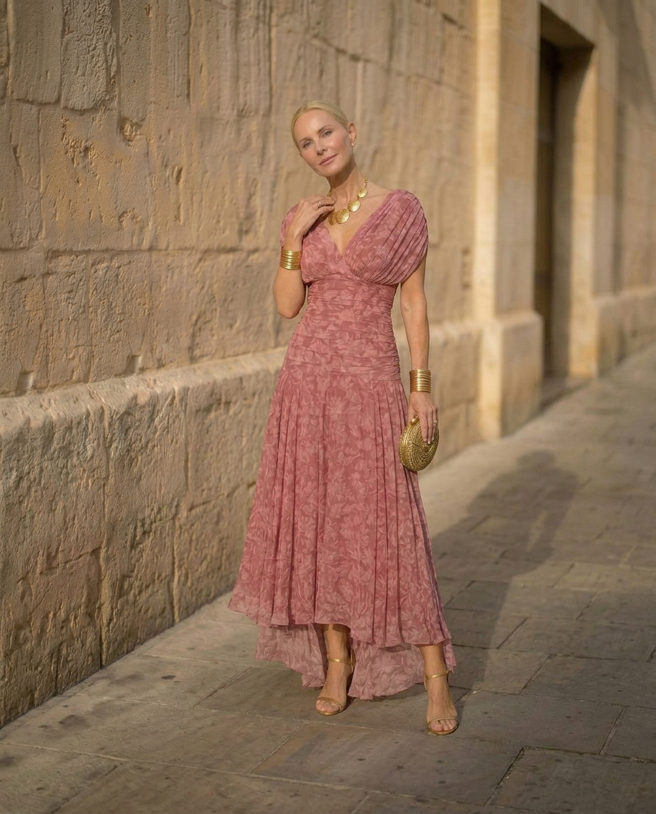 Vestido Santana – Vestido largo elegante con cintura plisada